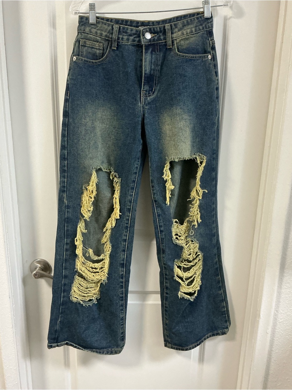 PrettyLittleThing Petite size 0 Heavily Distressed knee ripped wide leg jeans